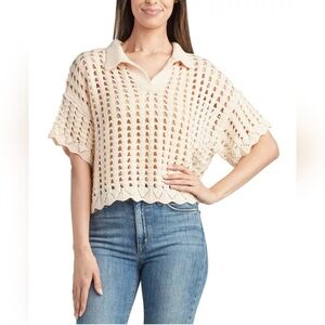 A. Byer Cream Crochet Collared Lrg Sweater Blouse Cropped Layering Granola Girl